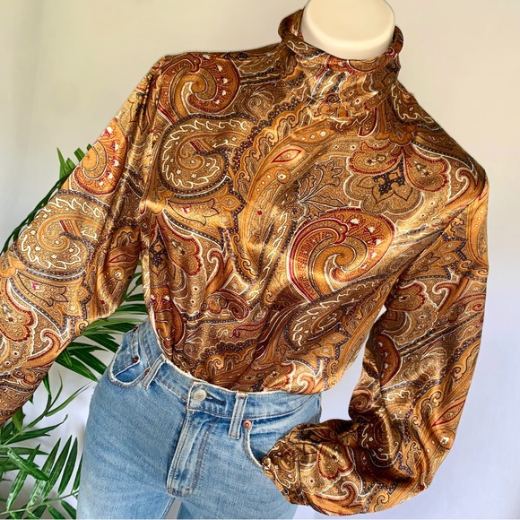 v i n t a g e :: Flowy High Neck Paisley Satin Blouse - Picture 11 of 11